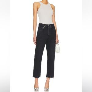 Agolde 90s Crop Straight Relaxed Jeans in Tar Black Distressed Hem 28